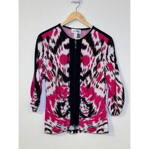 Joseph Ribkoff Size 14 Pink Black Abstract Pattern Shacket Zip Front 3/4 Sleeve